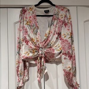 Bebe Floral Tie-Front Blouse - Pink and‎ White size 12 NWT